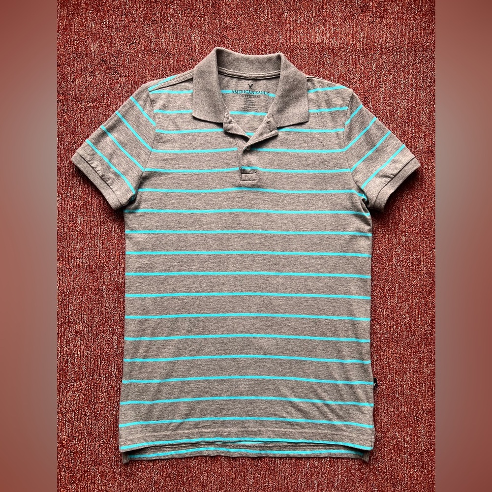 Men's American Eagle Outfitters Gray Polo with Teal Blue Stripes - XS